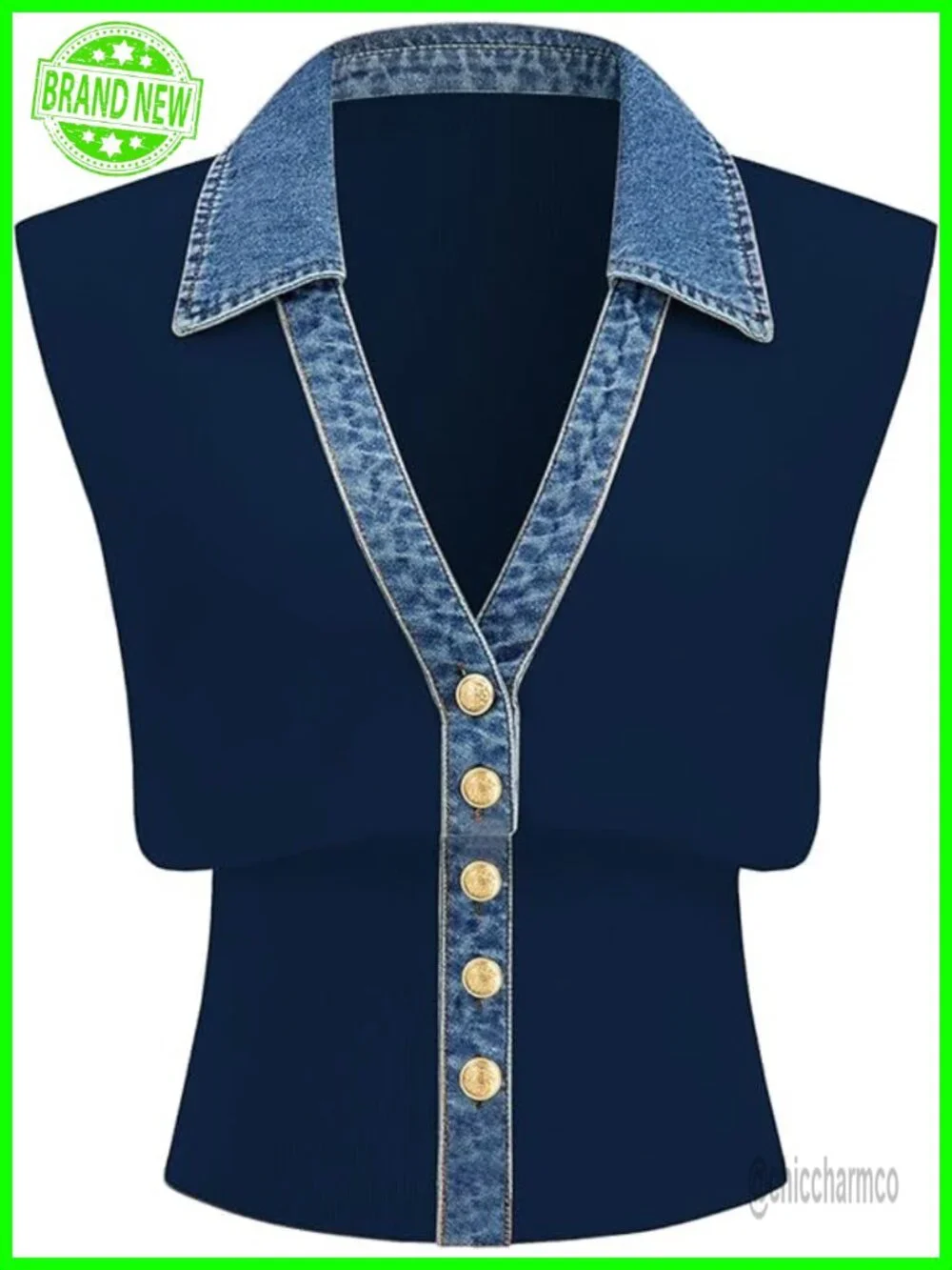Women's Denim Trim Sweater Vest V-Neck Crop Tank Knit Pullover